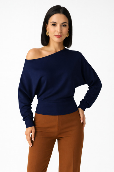 trendalisse Γυναικεία μπλούζα με υφή μοντάλ με ανοιχτό ώμο σε μπλε ναυτικό