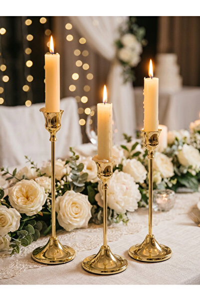 Generic Set of 3 Gold Metal Taper Candle Holders - Vintage Modern Decorative ...