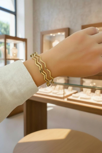 CAXBERN 22 Ayar Altın Kaplama Çelik Zikzak Bileklik Kadın Takı Aksesuar Bilez...