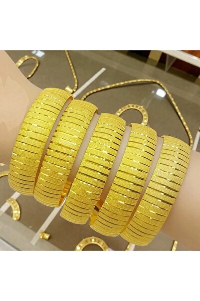 CAXBERN 22 Ayar Altın Kaplama Düz Çizgi Bilezik Düğün Kına Özel Günler (5 Adet)