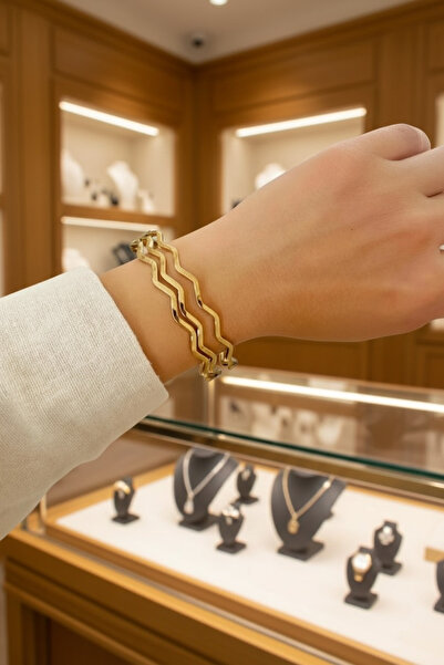 CAXBERN 22 Ayar Altın Kaplama Çelik Zikzak Bileklik Kadın Takı Aksesuar Bilezik Zikzag (5 ADET)