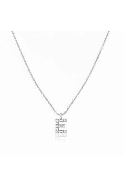 CAXBERN قلادة حرف E من الفولاذ بحجر الزركون الفضي للجنسين