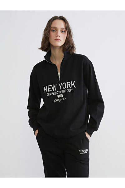 LC Waikiki Hanorac negru oversize pentru femei, cu broderie New York