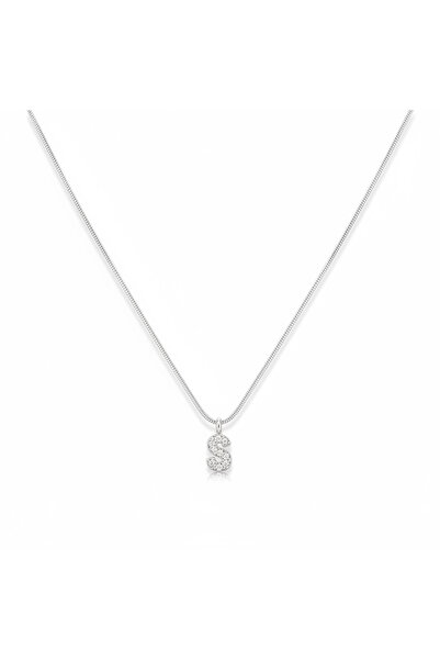 CAXBERN قلادة حرف S من الفولاذ بحجر الزركون الفضي للجنسين