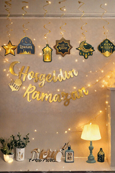 Parti dolabı Led Işık Hoşgeldin Ramazan Gold Banner Yazı Iyi Bayramlar 6'lı Tavan Süs Ramazan Oda Süsleme Seti