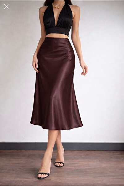Kahra Collection Acı Kahve Midi Boy Saten Etek