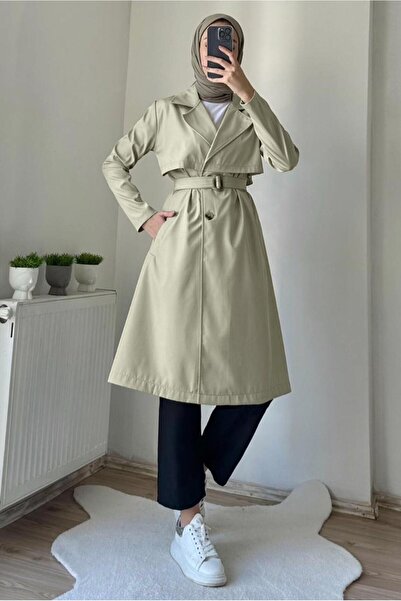 TRENDTESETTÜR KADIN BEJ (TAŞ) KRUVAZE YAKA KEMERLİ TRENÇKOT T 7395