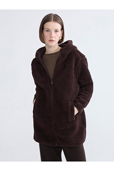 LC Waikiki LCWAIKIKI Basic Kahverengi Kapüşonlu Oversize Kadın Pelüş Hırka