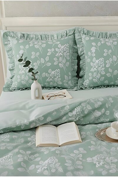 Uçkan home bumbac 100% Set de lenjerie de pat dublu cu volane Flora verde mentă