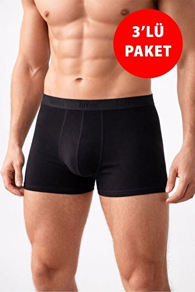 Bross Erkek 3lü Likralı Pamuklu Boxer / 1000 Siyah