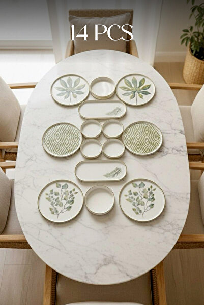 Kitchen Life Set de mic dejun cu frunze de toamnă, 14 bucăți, 6 persoane - Set de prezentare pentru micul dejun de lux Farfurie