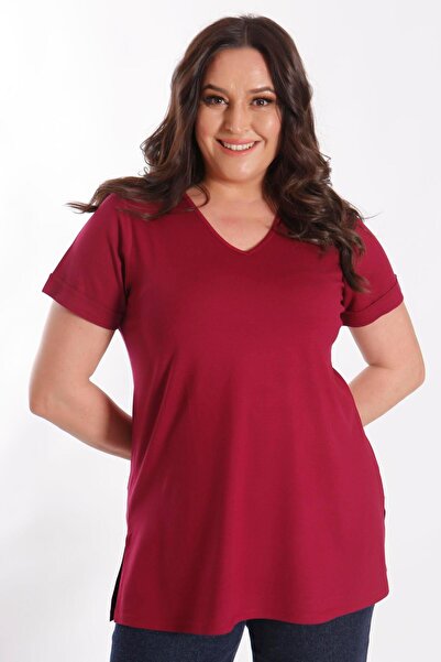 SERTUĞ Γυναικεία μπλούζα με λαιμόκοψη σε σχήμα V άνοιγμα Basic Claret Red (T-...