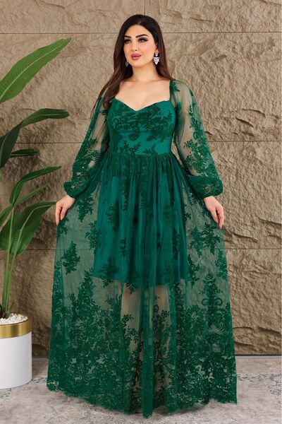 Matik Abiyem Özel Flok Baskılı Puf Kollu Uzun Abiye