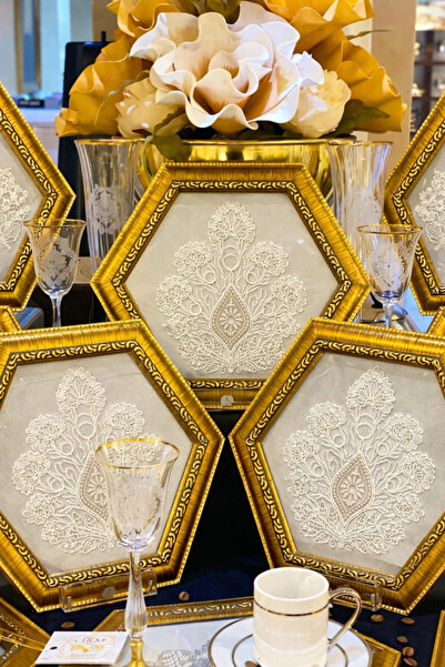 AuraStile 6'lı Roma Sunumluk El Yapımı Çay Kahve Söz Nişan Servis Sunum Tepsi (Dantel hediyeli) HomeAura