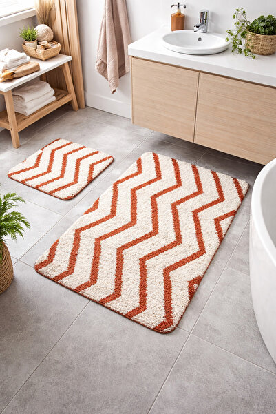EUROBANO طقم سجادة حمام مارتا بريميوم مكون من قطعتين - قاعدة من اللاتكس بتصميم هندسي بلون برتقالي عظمي 60x100 60x50 سم