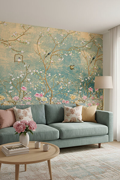 dreamwall Kuş ve Çiçek Desenli Vintage Tekstil Duvar Kağıdı