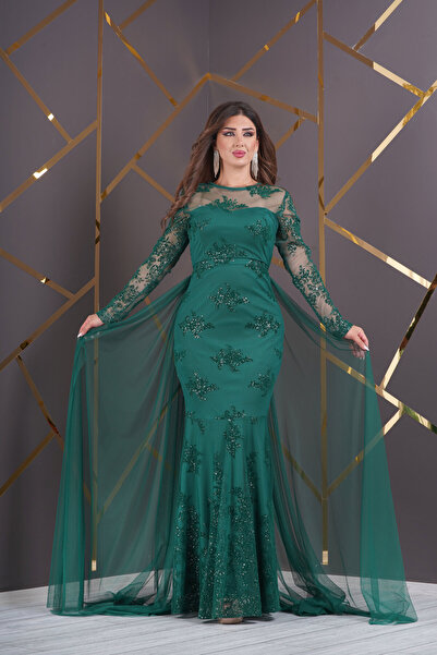 Matik Abiyem Özel Simli Flok Baskılı Dantel Tasarım Abiye Elbise