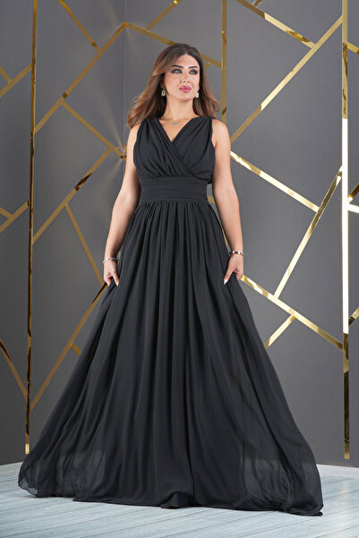 Matik Abiyem Şifon Tasarım Kolsuz V Dekolteli Uzun Elbise Abiye