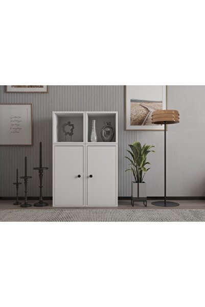 Nettrends Kapaklı Raflı Beyaz Çok Amaçlı Dolap 65,4 Cm Çıtalı Ça-d-1110-Ç