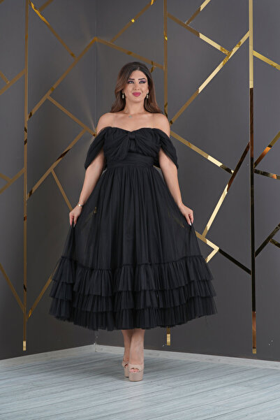 Matik Abiyem Tül Tasarım Omuz Göğüs Dekolteli Eteği Kat Kat Uzun Abiye