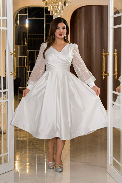 Matik Abiyem Saten İncili Tül Payet Tasarım V Dekolteli Diz Altı Elbise Abiye