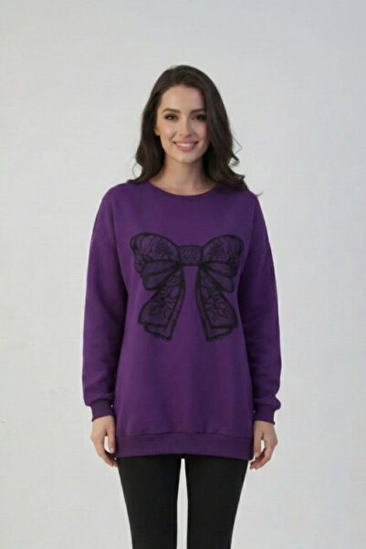 KOZİA OUTDOORS Γυναικείο φούτερ oversize με μαύρη δαντέλα και σχέδιο κορδέλας