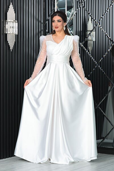 Matik Abiyem Saten İncili Payet Garnili V Dekolteli Uzun Elbise Abiye