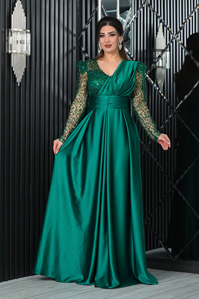Matik Abiyem Saten İncili Payet Garnili V Dekolteli Uzun Elbise Abiye