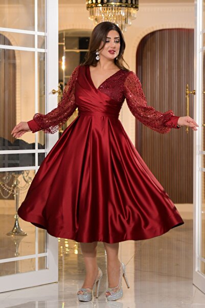 Matik Abiyem Saten İncili Tül Payet Tasarım V Dekolteli Diz Altı Elbise Abiye