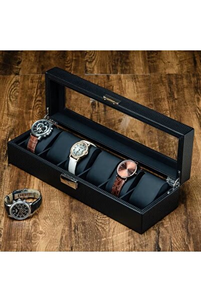 Generic علبة ساعات رجالية بستة فتحات، علبة عرض ساعات من ألياف الكربون بغطاء زجاجي، منظم تخزين مجوهرات