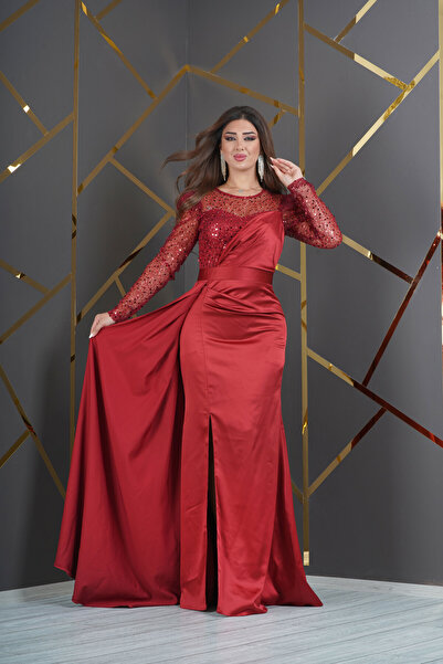 Matik Abiyem Saten Payet Tasarım Pelerinli Yırtmaçlı Uzun Elbise Abiye