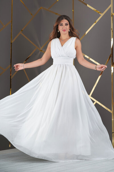 Matik Abiyem Şifon Tasarım Kolsuz V Dekolteli Uzun Elbise Abiye