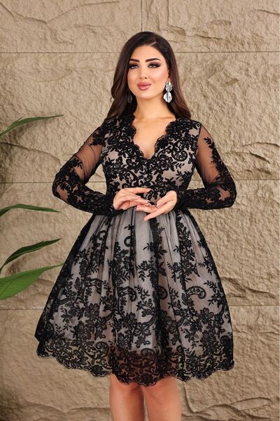 Matik Abiyem Esnek Tül Üzerine Flok Baskılı V Dekolteli Kısa Tütü Elbise Abiye