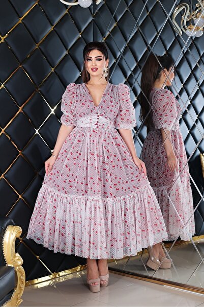 Matik Abiyem Esnek Tül Üzerine Puantiyeli Kiraz Desenli Flok Baskılı Dekoltel...