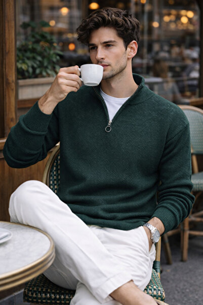 WE AND ME Pulover pentru bărbați slim fit Slim croială cu jumătate de fermoar guler ridicat