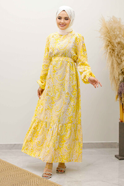 Tesettür Dünyası Shawl Pattern Belted Dresstsd250257 Yellow