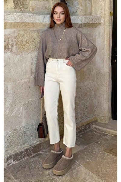 LUV STUDİOS CO Ekru Yıkamalı Yüksek Bel Boy Fit Kesik Paça Jean Pantolon