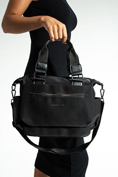 Sanmorris Geantă de mână și de umăr din satin negru, cu mai multe compartimen...