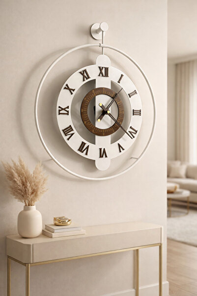 Wallover Design Dev Boy İzabella Beyaz/Ceviz Roma Rakamlı Gold Pleksi Kadranl...