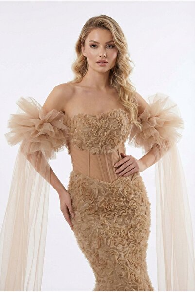 Lovely Dress 3D Çiçek Desenli Tül Detaylı Korse Görünümlü Abiye Elbise