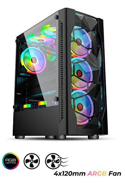 Sarftech Zarif Tasarm 3xUsb 4x12cm Rainbow Aydınlatmalı Atx Oyuncu Kasa Gaming Oyuncu Bilgisayar Kasası