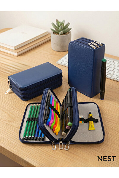 Nest Life Sunii Leather Navy Blue 3 Zipper Pen Holder Pencil Case Office Stat...