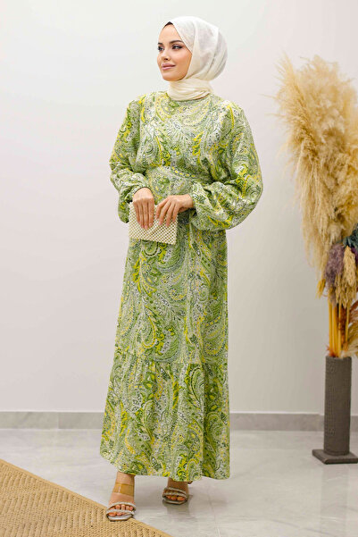 Tesettür Dünyası Shawl Pattern Belted Dress Tsd250257 Green