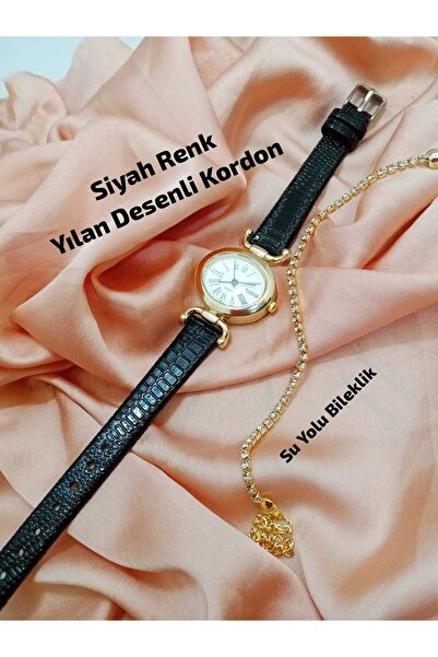 Brality Minimal Model Black Color Snake Patterned Cord Gold Case Women's Wris...