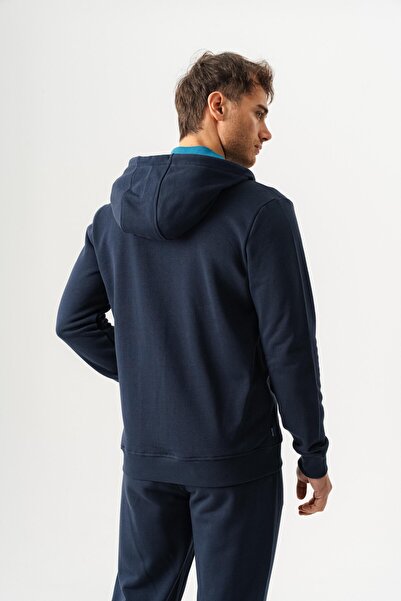 PİERO PERLA Hooded Regular Fit Navy Blue Cardigan with Front Zipper