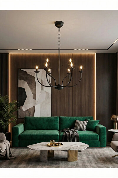 avizade VALENTIA Pütürlü Siyah 8 Kollu Şamdan Avize - Valentia Serisi - Dokulu Yüzey Modern Salon Sarkıt