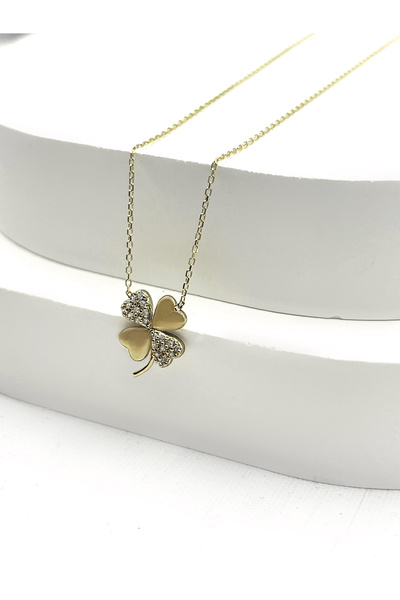 DİAMİNE PIRLANTA 14 Ayar Altın Dört Yapraklı Taşlı Yonca Kolye Anneler Günü H...