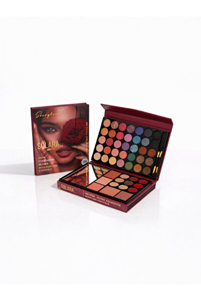 Solara Matte Solar 36-color eyeshadow palette with concealer, highlighter, and lipstick