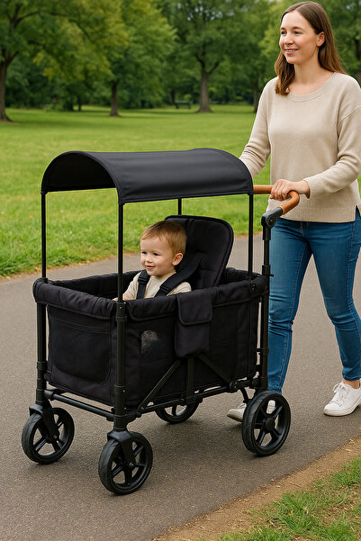 Ecrou Güneş Tenteli Vagon Taşıma Arabası Siyah