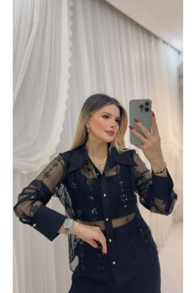 DENİZ Tül Payetli Modern Manşet Detaylı Gömlek